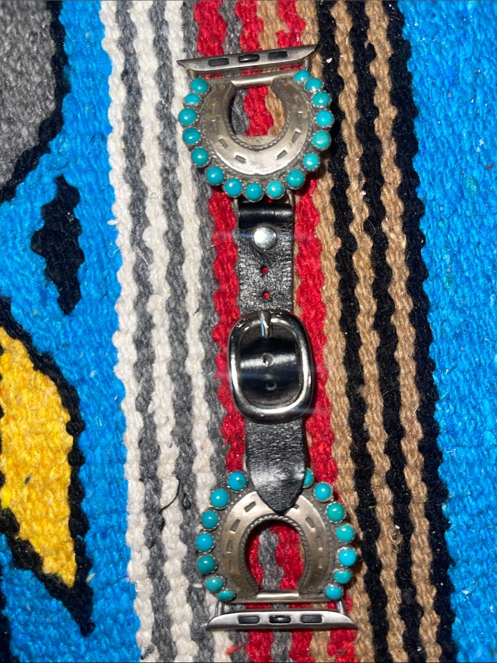 Black Leather Watch Band with Turquoise Bead & Horseshoe Accents